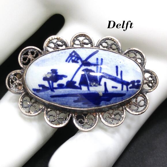 Dutch Delft 835 Silver Filigree Brooch, Windmill Porcelain Pin, 1940s Vintage - Picture 1 of 10